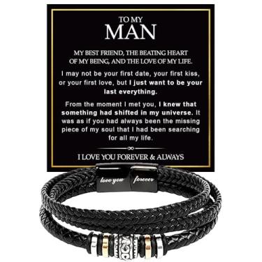 Imagem de SUTERY Pulseira To My Man, joia de aniversário de aniversário para namorado marido de namorada esposa com cartão de mensagem e caixa, pulseira de compromisso para homem, Foreve Love One, Couro, Sem