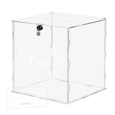 Imagem de AMEITECH Caixa de cartão de casamento de acrílico transparente com design floral, 25,8 x 24,8 x 25,4 cm, porta-cartão de presente com cadeado e sinal de agradecimento