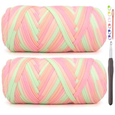 Imagem de Pacote com 2 camisetas para crochê, camiseta arco-íris, tecido elástico grosso, fio de crochê para iniciantes, bolsa de tricô à mão, cesta/porta-copos / artesanato faça você mesmo/decoração de casa 2