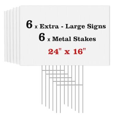 Imagem de ComboJoy Placas de quintal em branco com estacas, placa personalizada de plástico ondulado de 60 x 40,6 cm, estacas resistentes e dupla face, pacote com 6 placas grandes para garagem, aluguel