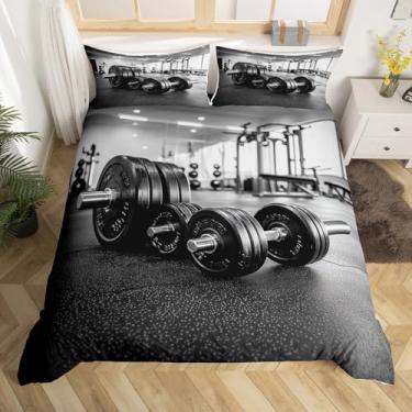Imagem de Conjunto de capa de edredom de halterofilismo tamanho casal, conjunto de cama com halteres e ferramentas de exercício, decoração de quarto de meninos e homens, capa de edredom para sala de ginástica