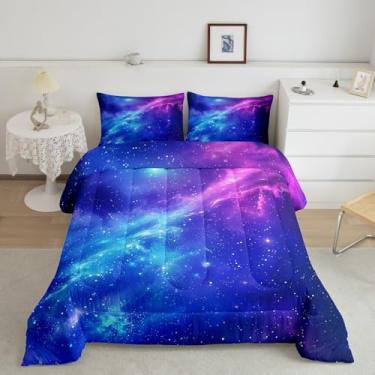 Imagem de Conjunto de edredom galáxia, tamanho casal, estrelado, céu estrelado, para decoração de quarto de crianças, meninos e meninas, conjunto de cama com nebulosa do espaço sideral, 3 peças, azul e roxo, 2