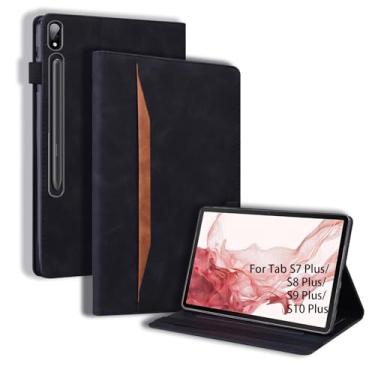 Imagem de Capa flip para Samsung Galaxy Tab S10 Plus S7 Plus S8 Plus S9 Plus, suporte de couro PU, parte traseira macia, capa inteligente para despertar/hibernar, suporte ajustável com compartimentos para