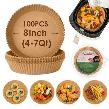 Imagem de Forro de papel descartável Air Fryer, 100 peças de forros de fritadeira de ar, forros de papel pergaminho antiaderentes redondos, papel de padaria à prova de gordura para fritadeira a ar para assar no micro-ondas, à prova de óleo, grau alimentício (20 cm)