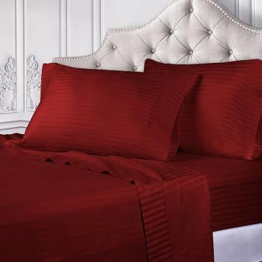 Imagem de Superior Jogo de lençol de cama de algodão egípcio 300 fios, 1 lençol elástico com bolso profundo, 1 lençol de cima, 2 fronhas, lençóis de uso diário, itens essenciais para casa de luxo, listrado