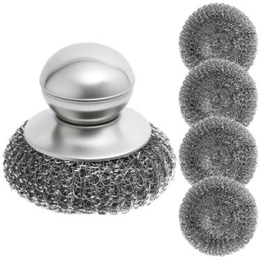 Imagem de Esfregador de lã de aço com alça, conjunto de 5 peças de esfregão de aço inoxidável, panela de metal e limpador de panela para ferro fundido, churrasqueira, fogão, forno, pia, bagunça teimosa (1 alça