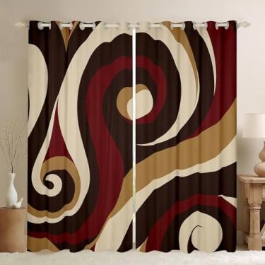 Imagem de Cortina de janela abstrata com listras em redemoinho, marrom, vermelho, bege, geométrico, para decoração de quarto de crianças, meninos, meninas, mulheres, cortinas de janela rústica, vintage