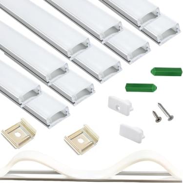 Imagem de Difusor de canal U branco com tira de LED, pacote com 10, 9 m, fita de luz montada na superfície, faixa de alumínio com capa de silicone contínua. Balcão de escadas de armário, perfil baixo instalado