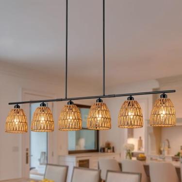Imagem de SHIGUANG Lustre de vime Boho para luminária de sala de jantar, 6 luzes 53 polegadas fazenda rústica cozinha ilha iluminação, luminária suspensa sobre mesa com abajur tecido à mão, altura ajustável