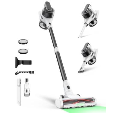 Imagem de Aspirador de pó sem fio para casa, leve e recarregável com tempo de execução de 55 minutos, sucção potente, farol de LED verde, tapete de pelos de animais de estimação 9 em 1 e limpador de piso de