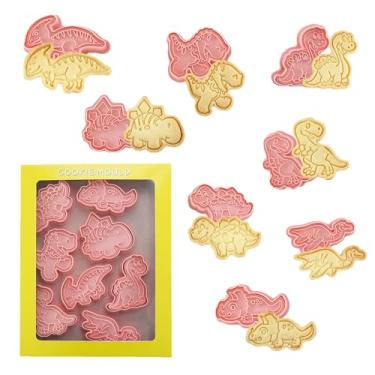 Imagem de Conjunto de 8 cortadores de biscoito de dinossauro, moldes de cozimento estilo dinossauro 3D com carimbos de êmbolo, cortador de biscoito para assar, fondant, queijo e doces (K8)
