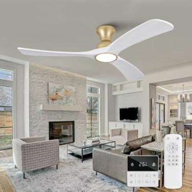 Imagem de OMYU Ventiladores de teto em ouro branco com luzes embutidas, madeira maciça de 132 cm, controle remoto, interruptor de parede, regulável, reversível, ventilador de teto moderno com memória de