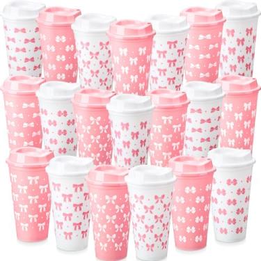 Imagem de Yiyiring 20 copos de plástico com laço rosa coquete com tampa 473 ml copos de plástico reutilizáveis rosa e branco para festa de aniversário noivado casamento chá de bebê lembrancinhas de festa