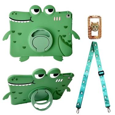 Imagem de Capa infantil de dinossauro verde com alça para iPad 9th 2021/iPad 8th 2020/iPad 7th 2019 25.9 cm, 3D Kawaii gira gira 360 rotação suporte dinossauro crianças meninas meninos capa de silicone macio