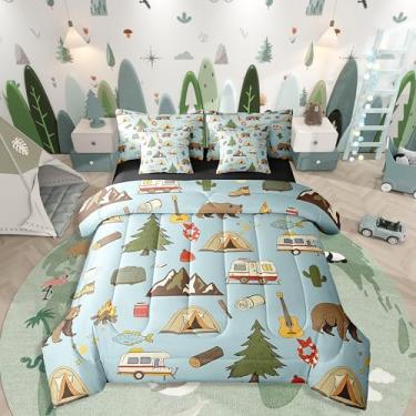 Imagem de Erosebridal Conjunto de cama de casal com 7 peças para trailers de viagem, acampamento feliz, para crianças, meninos, meninas, urso, pinheiro, acessórios de acampamento, lençol de cima