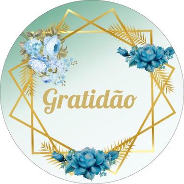 Imagem de Painel de Tecido Sublimado Redondo Gratidão Flores Azuis Aros Dourados