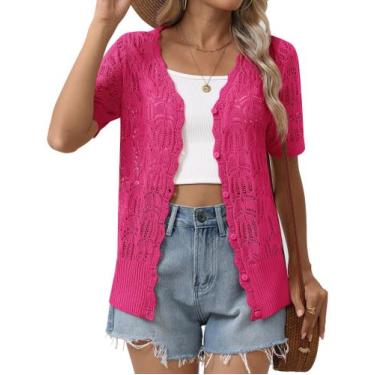 Imagem de Cardigan Zeagoo feminino de manga curta com decote em V com botão rosa