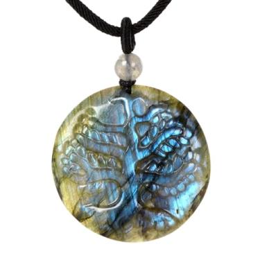 Imagem de Colar com pingente de pedra natural esculpida árvore da vida 35 mm contas redondas 56 cm, Pedra, Quartzo