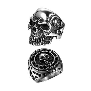 Imagem de OIDEA Anel de caveira gótica de aço inoxidável para motociclistas, 2 peças, preto e prata, 12.5, Aço inoxidável, Sem pedra preciosa
