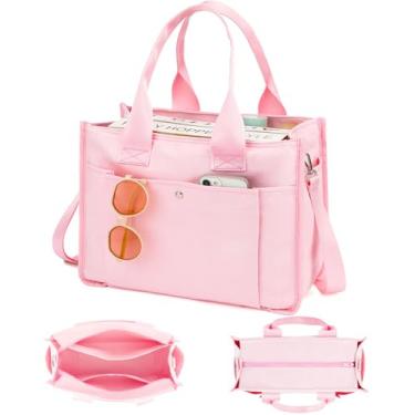 Imagem de Fammart Bolsa feminina grande de lona com zíper e compartimentos, bolsa transversal para laptop para trabalho, faculdade e escola, Alça ajustável - rosa, Large