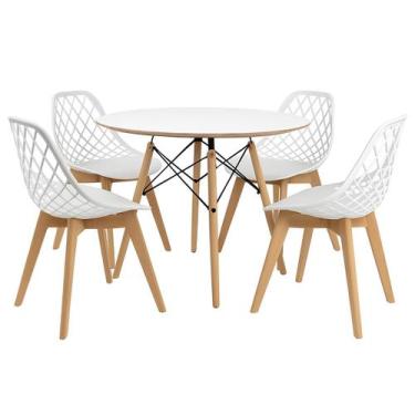 Imagem de Kit Mesa Jantar Eames 90cm Branca + 4 Cadeiras Kaila Wood Branca - La 
