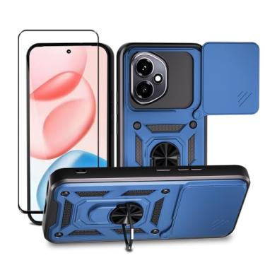 Imagem de CNPUTAO Capa para Huawei Honor 400 Lite com protetor de tela de vidro temperado, janela deslizante para câmera, suporte, capa de telefone de camada dupla antiarranhões à prova de choque, azul