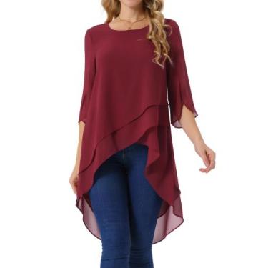 Imagem de Blusa feminina Seta T, chiffon alto-baixo, manga 3/4, vinho tinto