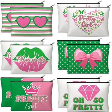 Imagem de Reginary 12 peças de bolsas de maquiagem presentes a granel para mulheres musicais Broadway cosméticos bolsa com zíper, Rosa e verde, Aka Sorority