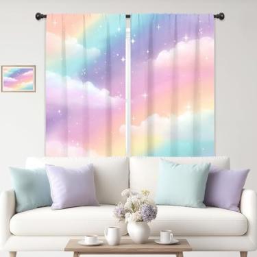 Imagem de Cinbloo Cortinas coloridas arco-íris 106 cm L x 150 cm A bolso para varão crianças lindas meninas ombré céu pastel nuvens arte de estrela impressa bebê princesa berçário bonita sala de estar quarto