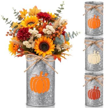 Imagem de Domensi 3 peças de centro de mesa de outono, vasos de abóbora, decoração de Ação de Graças, vasos de metal galvanizado para flores, jarros de pedreiro, suporte de utensílios para outono, casa, Ação de