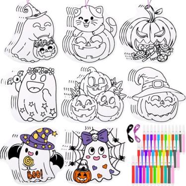 Imagem de Motipuns Conjunto de 36 kits de artesanato de colorir de Halloween com caneta de aquarela, kit de artesanato faça você mesmo, enfeites de papel com recortes de fantasma de abóbora para festa de