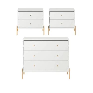 Imagem de Kit 2 Mesas de Cabeceira e Cômoda 3 Gavetas Jasper - Branco c/ Dourado
