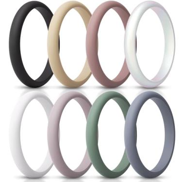 Imagem de ThunderFit Anel feminino fino e empilhável de silicone, alianças de casamento de silicone, 2,5 mm de largura e 2 mm de espessura, pacote variado 1-12, 7.5 - 8 (18.2mm), Silicone, Sem pedra preciosa