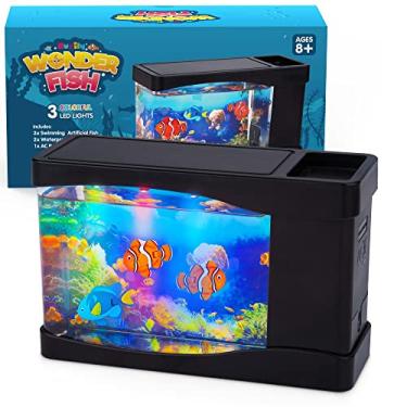 Imagem de Lâmpada de brinquedo artificial do oceano virtual para aquário de peixes – Mini mesa de escritório, aquário, 3 luzes de LED coloridas, fundos coloridos de aquário – 3 peixes artificiais, tanque de