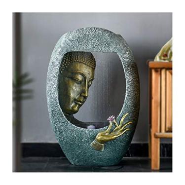 Imagem de Fonte de mesa estátua de Buda fonte resina esculpida pedra de montanha decoração fonte humidificador interior Zen fluxo decoração de água bomba de água e LED decoração de casa presente fontes de