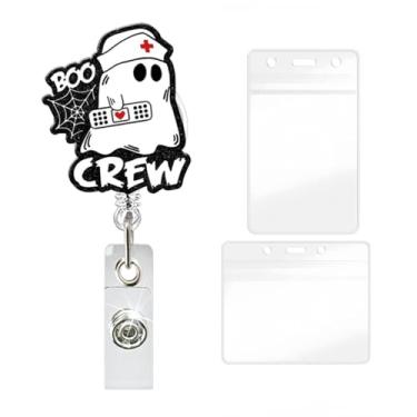 Imagem de YIHONGYAN Carretel de crachá de Halloween, porta-crachá, retrátil, clipes giratórios, carretéis divertidos, enfermeira, fantasma, boo, segurando band-aid, design para mulheres, médico, professor