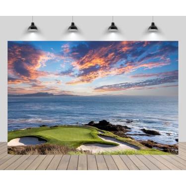 Imagem de CHNYWORK Cenário de campos de golfe de 2,4 m x 1,8 m Califórnia Pebble Beach Resort prado verde paisagem litorânea pôr do sol tema golfe feriado casamento festa de aniversário decoração foto adereços