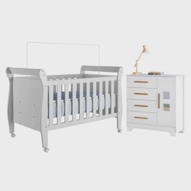 Imagem de Quarto de Bebê com Berço Mini Cama 100% Mdf Slim e Cômoda 4 Gavetas 1 Porta Fly 100% Mdf Branco