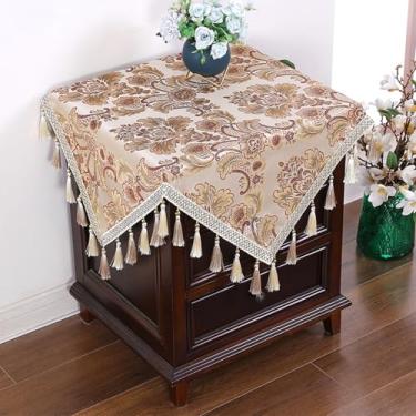 Imagem de Toalha de mesa de cabeceira quadrada pequena bordada floral capa de mesa superior rústica de fazenda lateral com borlas capa de mesa de canto resistente para quarto, cômoda, festa, decoração de casa