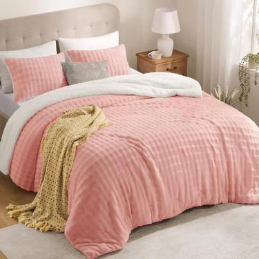 Imagem de downluxe Conjunto de edredom Queen fofo de lã de ovelha e lã bufante - rosa claro, 3 peças, conjunto de cama quente super macio para o inverno (1 edredom, 2 fronhas)