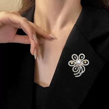 Imagem de Broche de pérola de ouro flor strass broche de flor de ouro alfinetes esmaltados alfinetes mochilas femininas