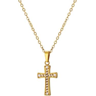 Imagem de Colar com cruz de strass, joia cristã para presente de aniversário e batismo, 16+2 Inches, Aço inoxidável, Sem Pedra Preciosa
