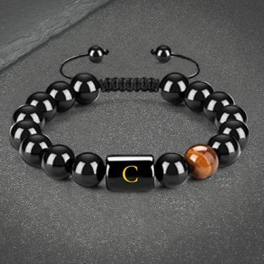 Imagem de Pulseiras masculinas com contas iniciais – Pulseira masculina feita à mão de 10 mm com pedra vulcânica e pedra vulcânica, pulseiras para alívio de estresse, Large, Aço inoxidável, Sem Pedra Preciosa