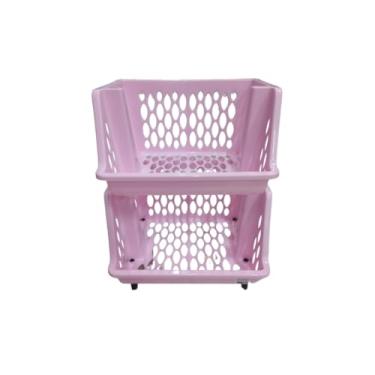 Imagem de Cesto Organizador Multiuso com Rodinhas 2 3 ou 4 Andares – Empilhável e Durável para Cozinha Banheiro e Lavanderia(Duplo Rosa)