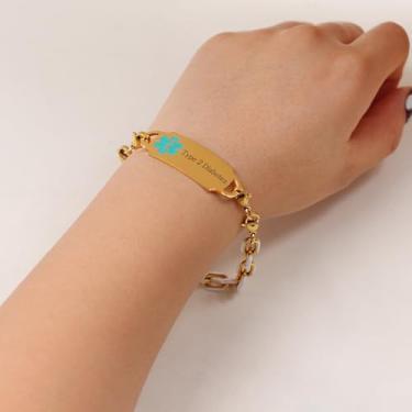 Imagem de Pulseira de saúde médica banhada a ouro aço inoxidável Hip-Hop corrente grossa esmalte óleo gotejamento joia de identificação de emergência para homens SA5176, adjustable, Aço inoxidável, Sem Pedra