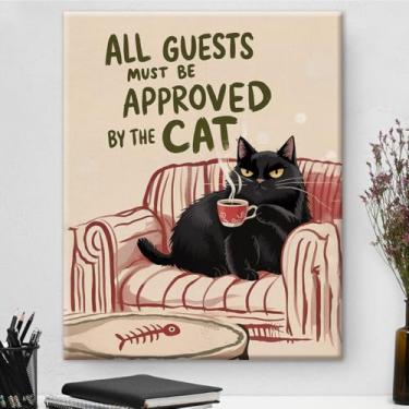 Imagem de Arte engraçada de parede em tela de gato All Guests Must Be Approved Pôster de impressão de humor pintura emoldurada para sala de estar em casa decoração de quarto de hóspedes presentes para amantes