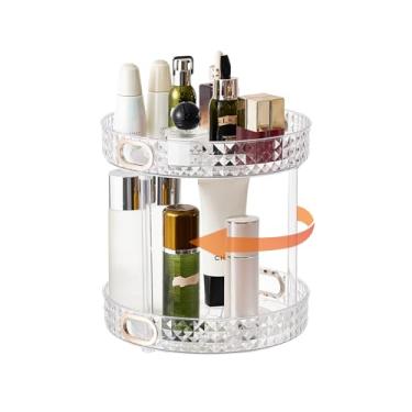Imagem de Xonusin Organizador de maquiagem giratório de 360°, organizadores de perfume grandes de 2 camadas com alça portátil para bancada de banheiro, organizador de balcão de banheiro para cosméticos e