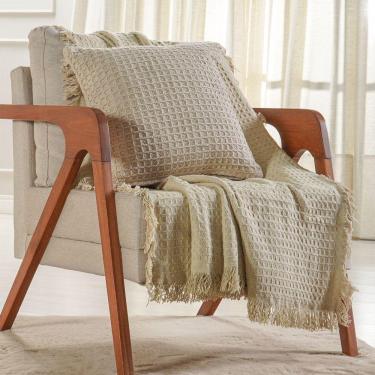 Imagem de Kit Manta E 2 Almofada Decorativa Para Sofá Waffle 100% Algodão 120x150cm Amendoa