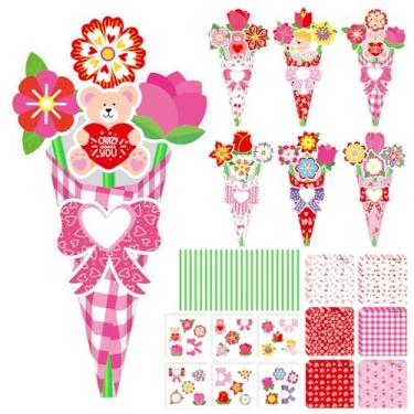 Imagem de AUGTHEEP Kit de artesanato para buquê de flores - 24 peças de buquê de flores rosa para o dia dos namorados, faça seu próprio coração, floral, professor, apreciação, presente faça você mesmo, escola