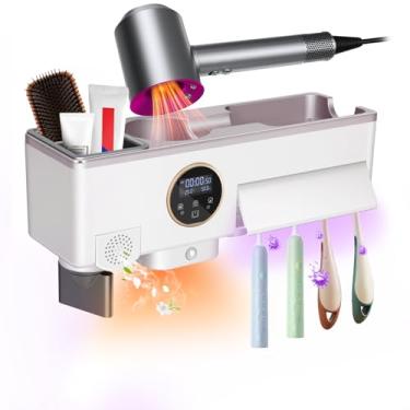 Imagem de Werhoo Suportes de escova de dentes para banheiros 4 compartimentos. Suporte de secador de cabelo, desinfetante de escova de dentes UV com função de temporizador, com função de secador de mãos